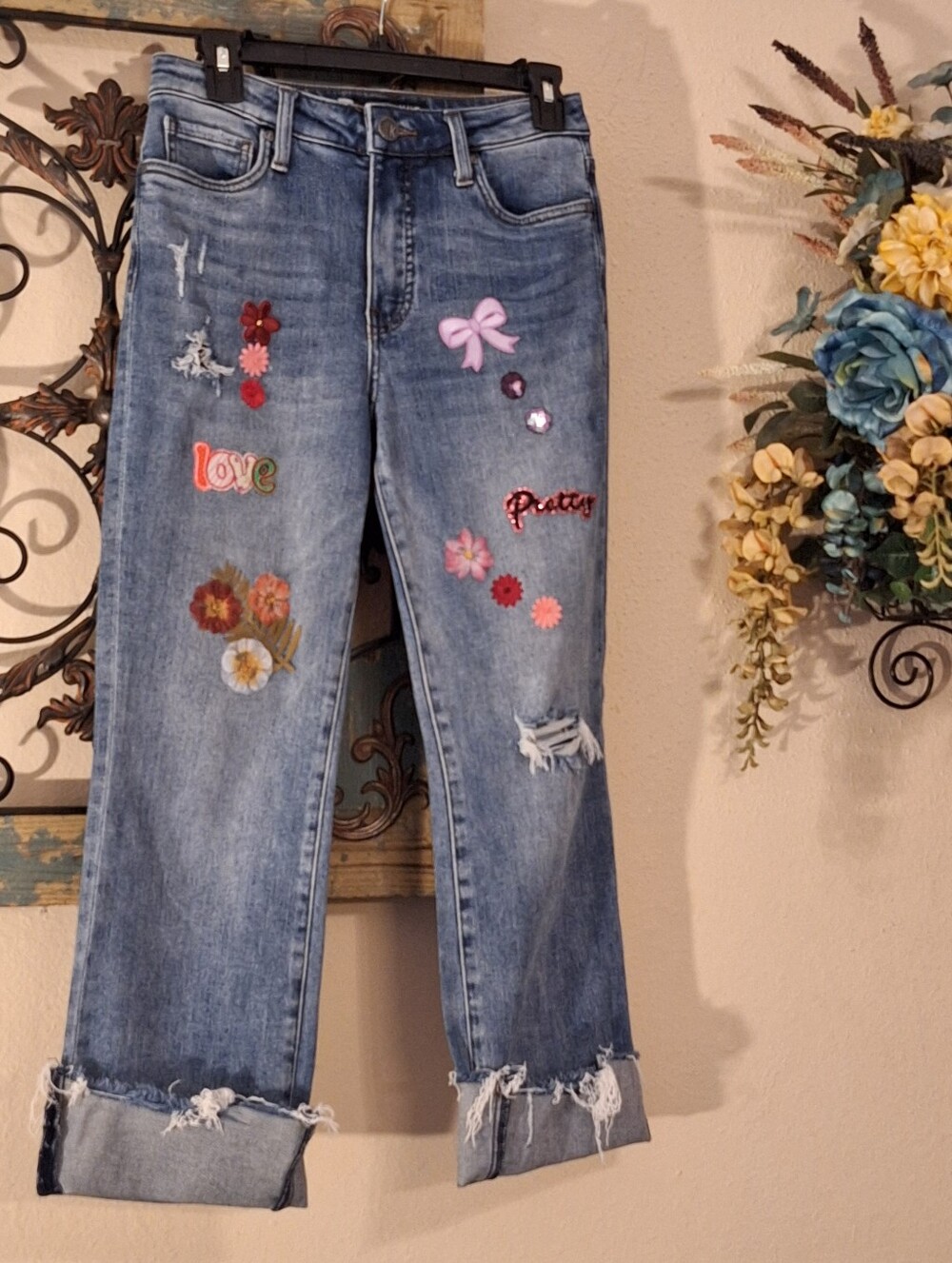 Reworked Upcycled  Light Blue Boyfriend Jeans  Floral & Patch Appliqués Size 2